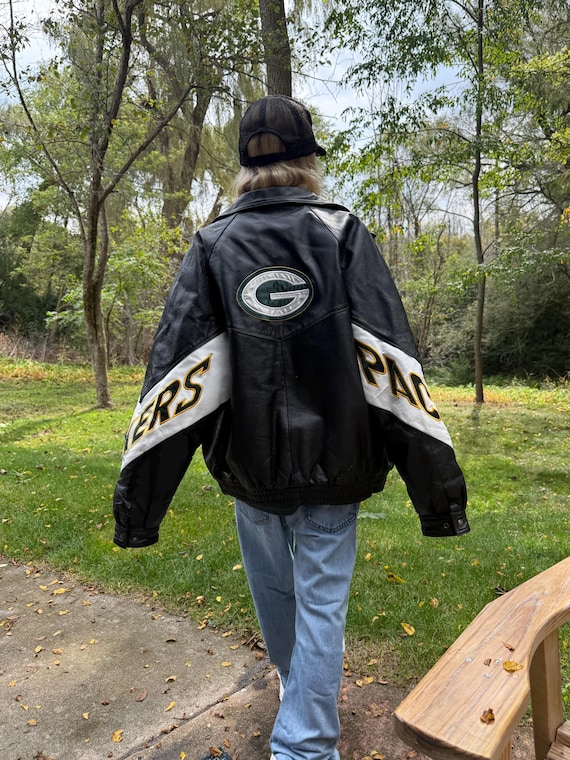Vintage 90s Green Bay Packers Jacket Leather Champion Zip up Coat