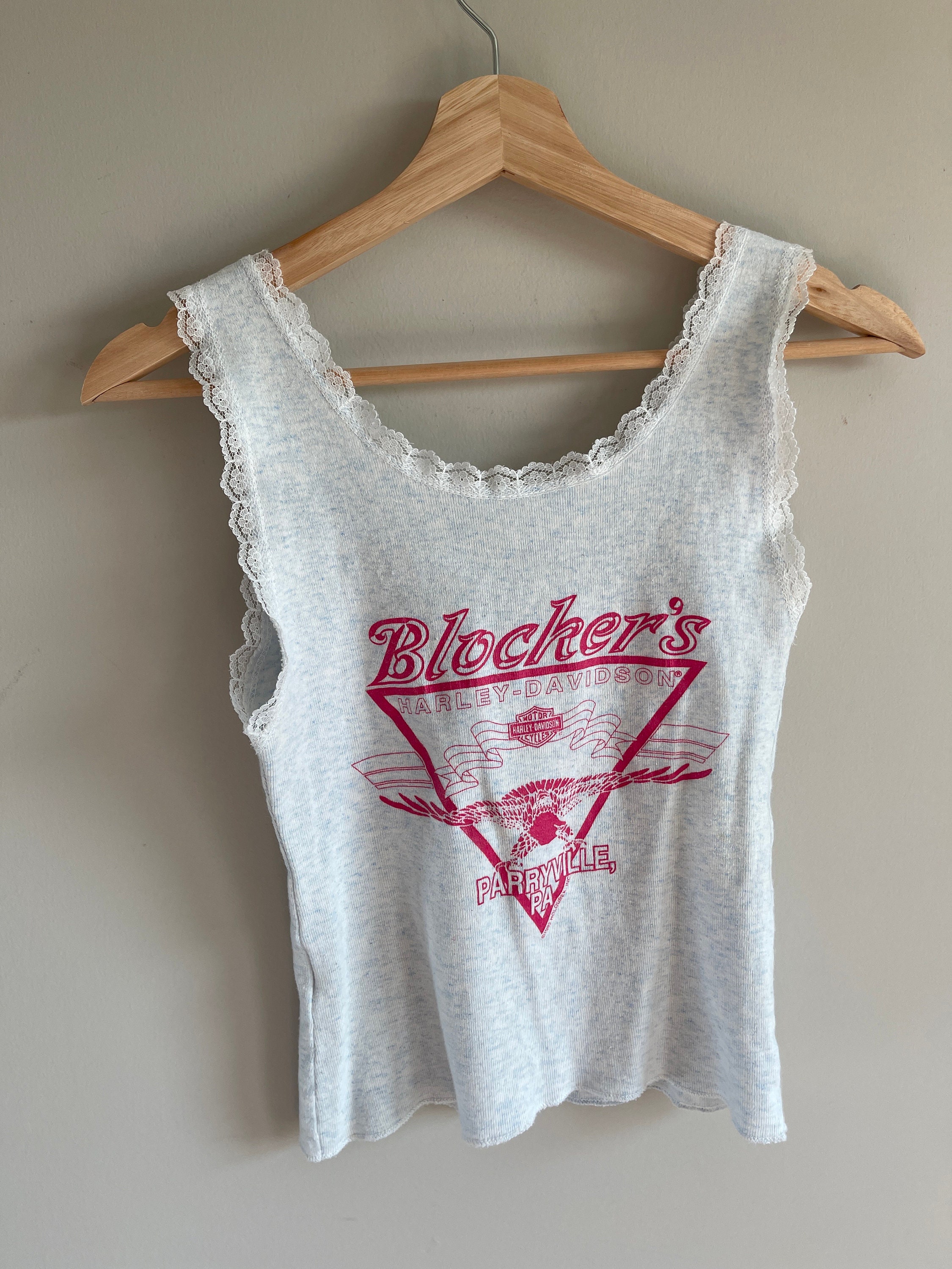 Rare Vintage Harley Davidson Tank Top Crop Top Rose Pink Lace