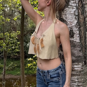 Top con frange in pelle vintage anni '90, piume, motocicletta personalizzata, stile Harley Davidson, canotta sexy, festival di Sturgis, nativo