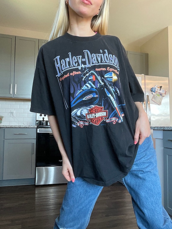T-shirt Vintage Biker Y2K - Motif Eagle Thunder Lightning - Taille L Noir Coton