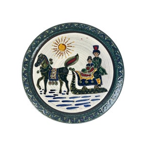 Vintage 1960er Jahre Haas Keramik Folk Art Wandteller signiert handgefertigtes Alpine Decor, Geschenk für Pferdeliebhaber