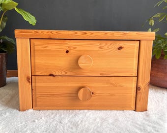 Vintage Brutalist Pine Nightstand - Low Profile Side Table MCM 1970s