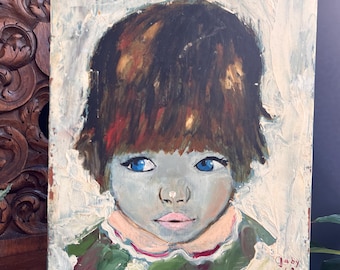 Vintage Child Portrait Painting: Mid-Century Big Eye Art, Signed Gaby