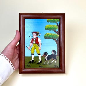Pintura em miniatura vintage de arte popular suíça, homem suíço de Appenzeller com cachorro, arte original assinada, presente da Suíça, Alpes suíços