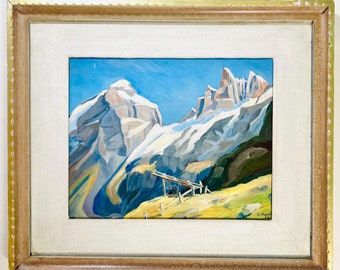 Vintage Swiss Mountain Landscape Painting: Framed Alpine Art by J. Flach