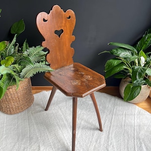 Antique Swiss Folk Art Chair: Hand-Carved Heart, Nail-Free Joinery