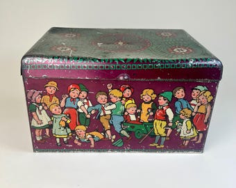 Rara caja de hojalata antigua para juguetes alemana, principios del siglo XX, con escena infantil, pátina colorida, almacenamiento de objetos coleccionables vintage