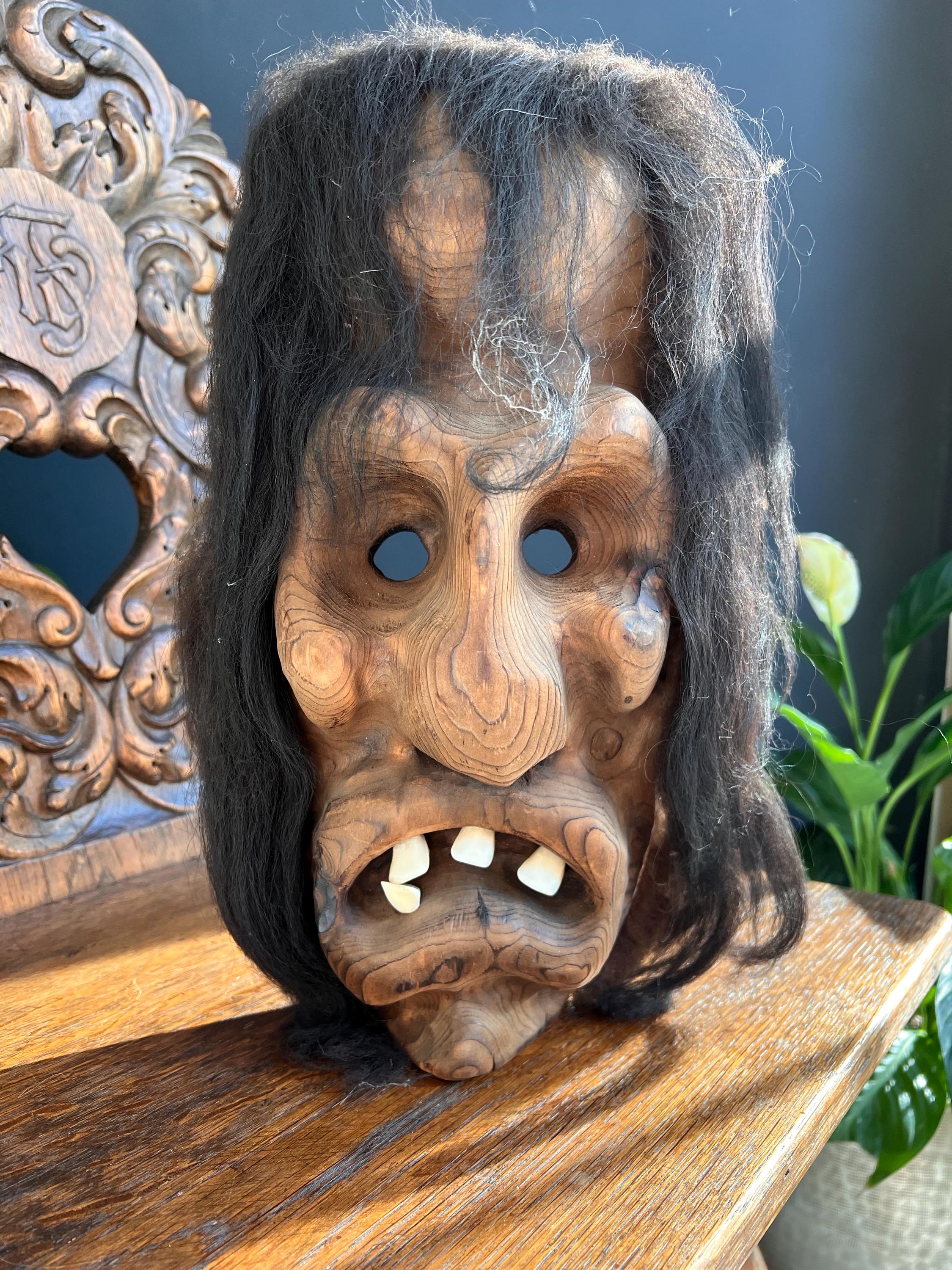 Vintage Swiss Tschäggättä Mask: Lötschental Wall Decor, Real Hair