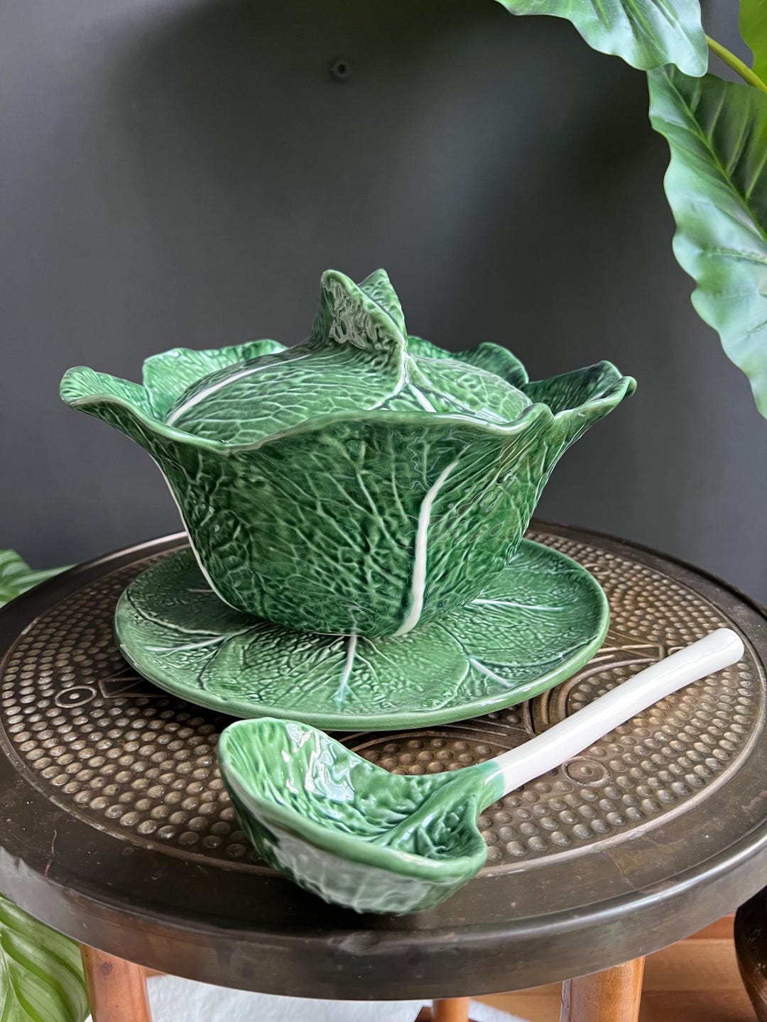 Cabbage Ware Vintage Portuguese Cabbage Ware Serving Bowl Set, Green Majolica ...