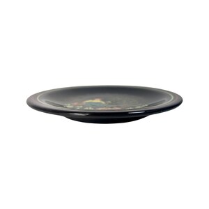 May include: A black ceramic plate with a floral design. The plate has a thin, light green border and is set against a white background. The plate is approximately 20 cm in diameter.