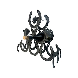 Tramp Art Original Wine Holder 6 Bottle Horse Shoe Wine Rack, Medieval Modern decor, Gift for Horse Lover