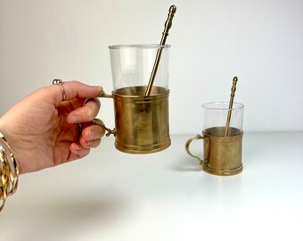 Vintage Gallo Brass Mug Set of 2, Schott Mainz Jena Glass