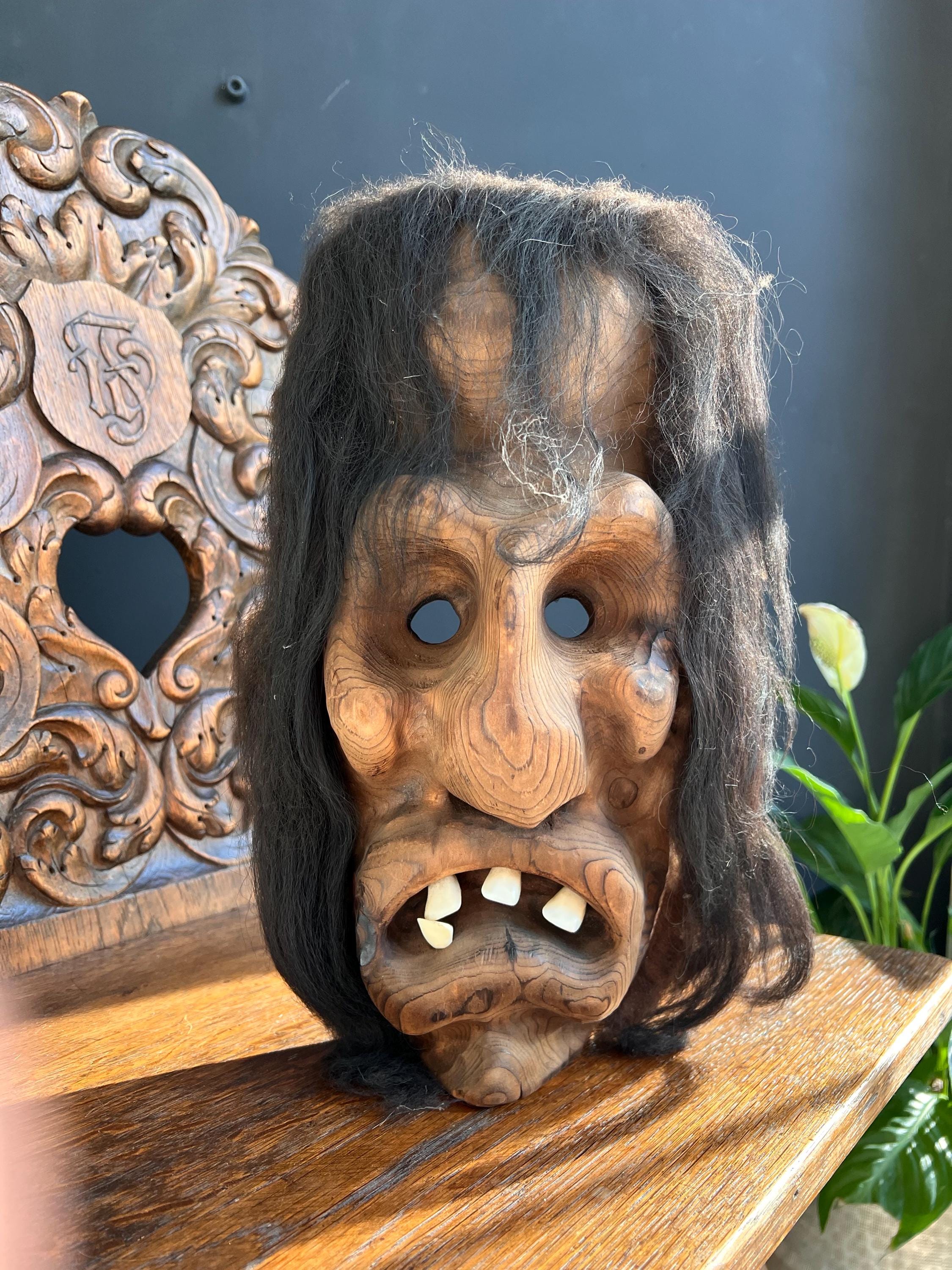 Vintage Swiss Tschäggättä Mask: Lötschental Wall Decor, Real Hair