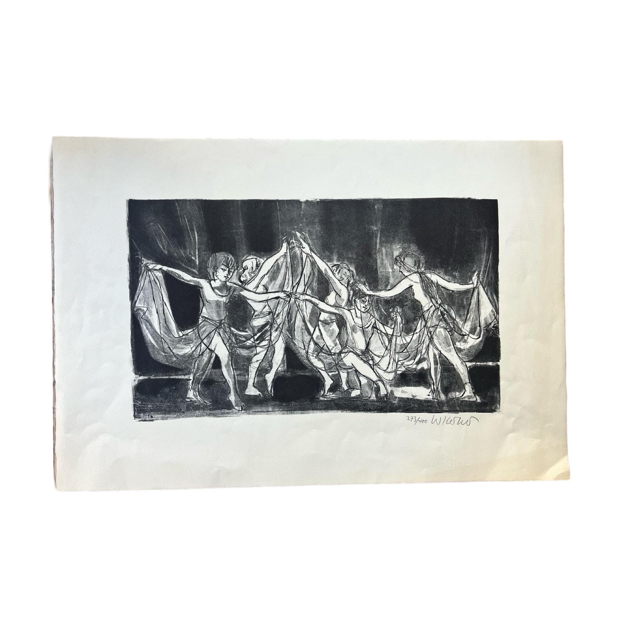Mid-Century Lithograph Print: Signed Greek Dancers, Mythology Art