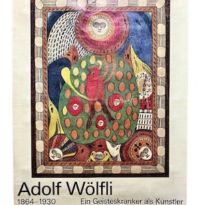 Cartel original de arte outsider, litografía offset de Adolf Wolfli para el Museo Histórico de St. Gallen, Art Brut, años 70, arte popular moderno
