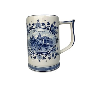 XL Vintage Delft Blue Hand Painted Heineken Mug Stein Tankard Holland 1000ml 1L Breweriana Blue Delft Kitchen Decor Gift For Beer Collector