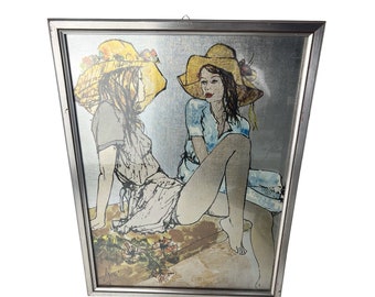 Vintage Bernard Dufour Reproduction: Framed Whimsical Art of Two Girls