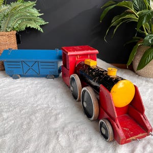 Vintage Wooden Train Set with Opening Carriage | Swiss Railway Style Toy Toolbox | Unique Father&#39;s Day Gift for Train Enthusiast
