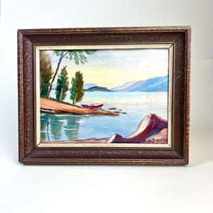 Pintura Vintage Cena de Lago, Óleo sobre Papelão, Arte Original Assinada, Presente da Suíça, Bielersee Ilha de São Pedro Suíça