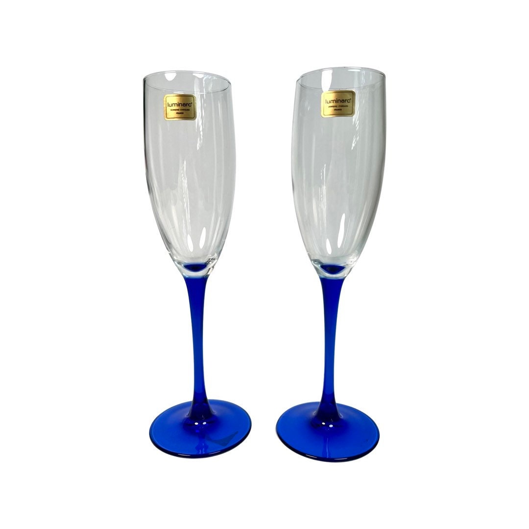 Set of 2 Luminarc Prosecco Blue Stem Glasses 80s Etsy