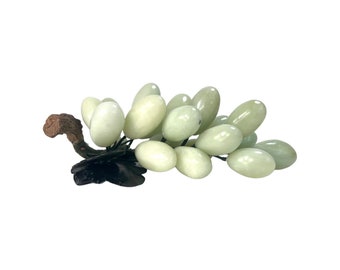 Vintage Polished Jade Grape Cluster with Leaves, Stone Marble Grapes, MCM Decor, Kitchen Decor