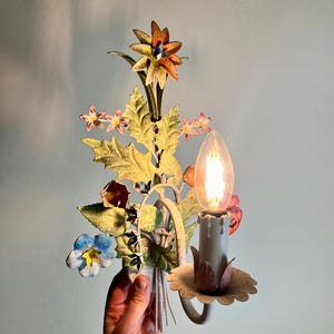Vintage Tole Flower Wall Sconce, Whimsical Lighting, Vintage Toleware Chandelier, Shabby Chic Cottage Style Wall Lamp