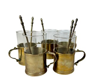 Vintage Gallo Brass Mug Set of 2, Schott Mainz Jena Glass
