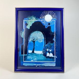 Whimsical Cat Art, Rosina Wachtmeister Signed Enhanced Print Framed 90s Art, Folk Art Collectible