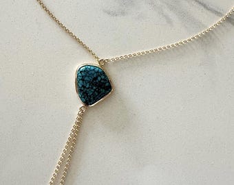Turquoise Bezel Set 14k gold Bolo Necklace 18"