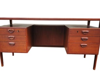 Mid-Century Modern Teak Floating Desk, Danish Style Storage