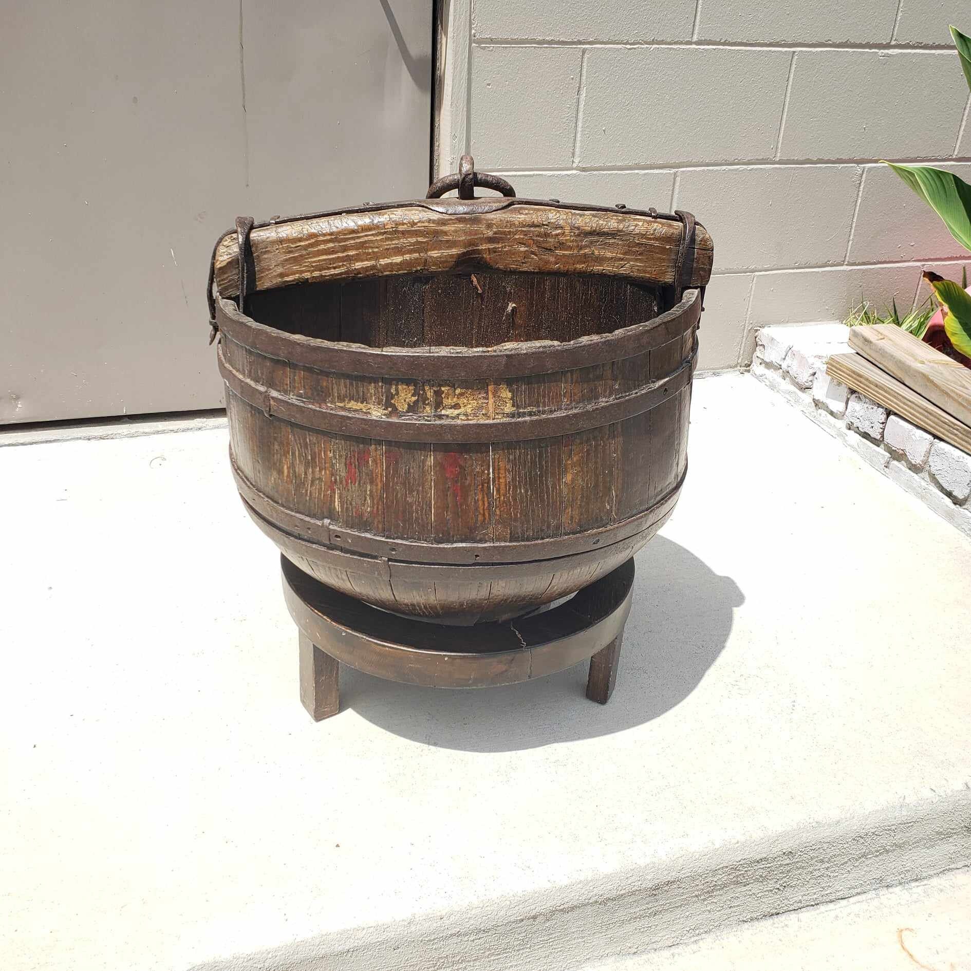Antique 19th Century Primitive Chinese Rice Bucket With Handle and ...