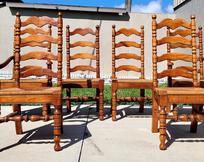 Vintage Rush Seat Ladder Back Chairs Farm House Style Dining Chairs Set