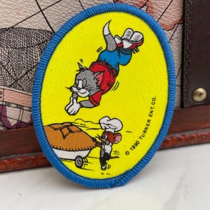 Vintage Patch TOM & JERRY &#39;Pie&#39; Retro Hanna and Barbera Cartoon Sew On Badge