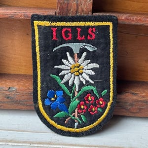 Könnte beinhalten: Gestickter Aufnäher mit dem Wort "IGLS" in Rot oben. Der Aufnäher zeigt eine weiße und gelbe Blume, eine blaue Blume und rote Blumen. Der Aufnäher ist schwarz mit einem gelben Rand.