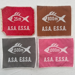 Könnte beinhalten: Vier Stoffaufnäher in Rot, Braun, Grau und Rosa. Jeder zeigt eine weiße Fischgrafik mit einer Entfernung in Metern (25m, 800m, 1500m, 1000m) und dem Text "A.S.A. E.S.S.A." in Weiß. Die Aufnäher haben eine rechteckige Form.