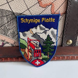 May include: Embroidered patch with the text "Schynige Platte" in gold lettering on a blue background. The patch features a mountain scene with a red train, green trees, and a Swiss flag.