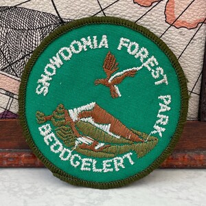 May include: A circular embroidered patch with a green background featuring a brown bird in flight above a brown and white mountain range. The text "SNOWDONIA FOREST PARK" is arched at the top and "BEDDGELERT" is arched at the bottom in white.