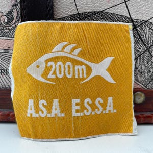 Può includere: Etichetta in tessuto giallo con un disegno di pesce bianco e la scritta "200m". Sotto, si legge "A.S.A. E.S.S.A.". L'etichetta è rettangolare e presenta bordi leggermente sfilacciati.