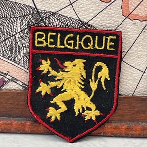Può includere: Una toppa ricamata a forma di scudo con sfondo nero e un emblema di leone giallo. La parola BELGIQUE è ricamata in lettere maiuscole gialle nella parte superiore. La toppa è bordata da un sottile profilo rosso e presenta dettagli rossi sul leone.