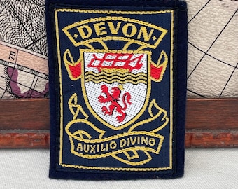 Vintage DEVON Patch Coat of Arms England Souvenir Woven Sew On Cloth Badge