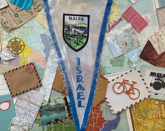 Vintage Pennant ISREAL HAIFA Israeli Flag Souvenir Silk Pennant