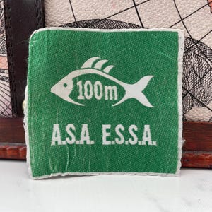 Puede incluir: Un parche rectangular verde con texto blanco y un gráfico de pez. El texto incluye "100m" y "A.S.A. E.S.S.A.". El parche es de tela y tiene un borde blanco. El fondo es una superficie estampada.