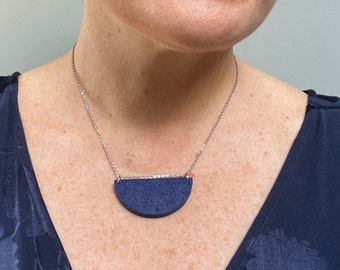 Navy Blue necklace, Blue statement necklace, Geometric pendant necklace, half moon pendant, costume necklace, polymer clay pendant necklace,