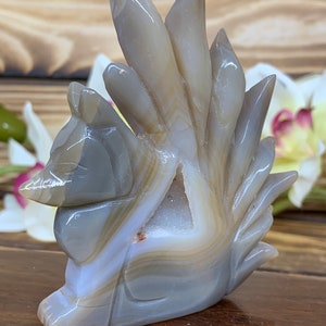 Beautiful multi color agate hand carved Nine tail lucky fox having amazing geodes and druzy&#39;s perfect for home office or altar kitsune NT10
