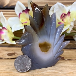 Beautiful multi color agate hand carved Nine tail lucky fox having amazing geodes and druzy&#39;s perfect for home office or altar kitsune NT10