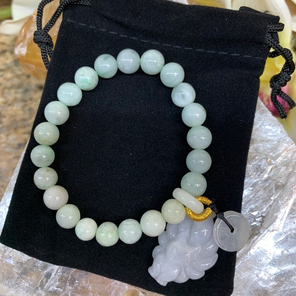 Genuine Real Jade Bracelet Crafted Jadeite Beads Authentic Green Chinese Fei Cui Women elastic Wristband Armband, Lunar New Year Gift JW10