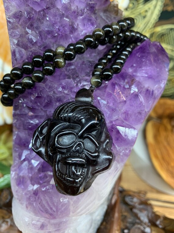Beautiful Black Obsidian Skull Necklace Sculpture Amulet Pendant