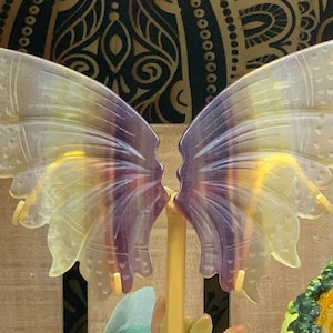 May include: A pair of carved, translucent butterfly wings in shades of yellow, purple, and clear. The wings are detailed with etched lines and dots, mounted on a yellow stem. The wings are a decorative item.