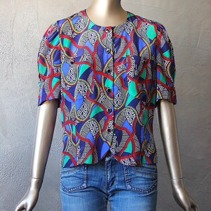 80's satin blouse with colorful print image 2