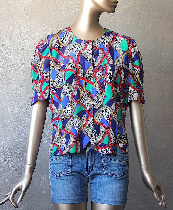 80's satin blouse with colorful print - image 2